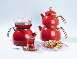 TANTİTONİ - 008-01-cam demlikli kırmızı emaye çaydanlık takımı 980ml/2300ml (1)