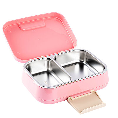 2 BÖLMELİ PEMBE PASLANMAZ ÇELİK DİKDÖRTGEN YEMEK TAŞIMA KABI 850ML - 3