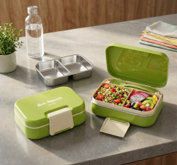 2 BÖLMELİ YEŞİL PASLANMAZ ÇELİK DİKDÖRTGEN YEMEK TAŞIMA KABI 850ML - TANTİTONİ (1)