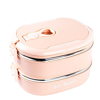 2 KATLI PEMBE PASLANMAZ ÇELİK DİKDÖRTGEN YEMEK TAŞIMA KABI 1.8L - 1
