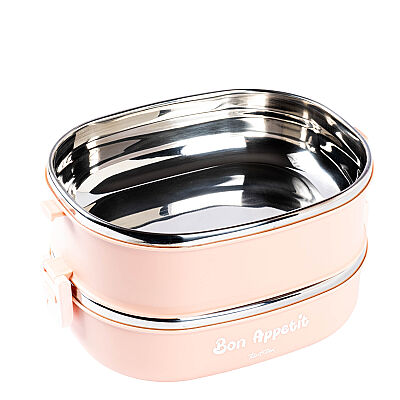 2 KATLI PEMBE PASLANMAZ ÇELİK DİKDÖRTGEN YEMEK TAŞIMA KABI 1.8L - 3