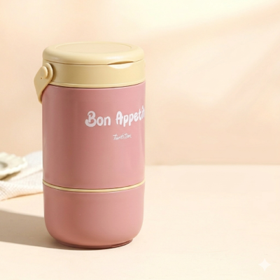 2 KATLI PEMBE PASLANMAZ ÇELİK YUVARLAK YEMEK TAŞIMA KABI 800ML - 1