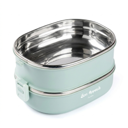 2 KATLI YEŞİL PASLANMAZ ÇELİK DİKDÖRTGEN YEMEK TAŞIMA KABI 1.8L - TANTİTONİ (1)