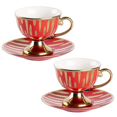 2Lİ KIRMIZI AYAKLI PARLAK ALTIN DESENLİ LADY NEW BONE KAHVE FİNCAN TAKIMI - 1