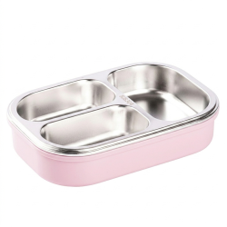 3 BÖLMELİ ÇATAL KAŞIKLI PEMBE PASLANMAZ ÇELİK DİKDÖRTGEN YEMEK TAŞIMA KABI 750ML - TANTİTONİ (1)