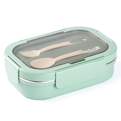 3 BÖLMELİ ÇATAL KAŞIKLI YEŞİL PASLANMAZ ÇELİK DİKDÖRTGEN YEMEK TAŞIMA KABI 750ML - 1