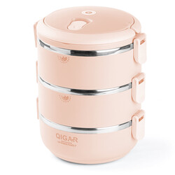 3 KATLI YUVARLAK PEMBE PASLANMAZ ÇELİK YEMEK TAŞIMA KABI 2.1L - Tantitoni