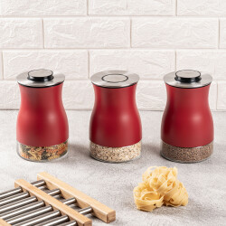 3 PARÇA KIRMIZI CAM KAVANOZ SETİ 730ML - 2