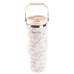 AÇIK KAHVE DESENLİ PASLANMAZ ÇELİK TUTMALI PİPETLİ TERMOS BARDAK 900ML - TANTİTONİ
