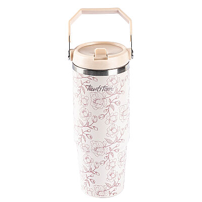 AÇIK KAHVE DESENLİ PASLANMAZ ÇELİK TUTMALI PİPETLİ TERMOS BARDAK 900ML - 1