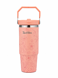 AÇIK PEMBE DESENLİ PASLANMAZ ÇELİK TUTMALI PİPETLİ TERMOS BARDAK 900ML - TANTİTONİ