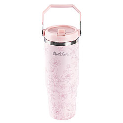 AÇIK PEMBE DESENLİ PASLANMAZ ÇELİK TUTMALI PİPETLİ TERMOS BARDAK 900ML - TANTİTONİ