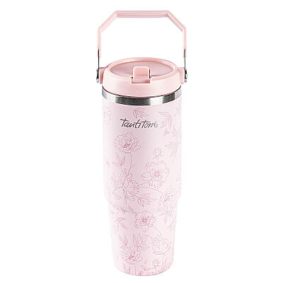 AÇIK PEMBE DESENLİ PASLANMAZ ÇELİK TUTMALI PİPETLİ TERMOS BARDAK 900ML - 1