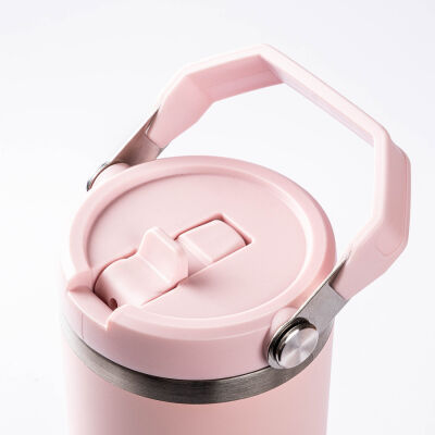 AÇIK PEMBE PASLANMAZ ÇELİK TUTMALI PİPETLİ TERMOS BARDAK 900ML - 2