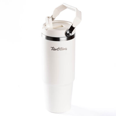 BEJ PASLANMAZ ÇELİK TUTMALI PİPETLİ TERMOS BARDAK 900ML - 1