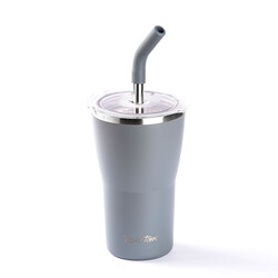 GRİ 2 KAPAKLI ÇİFT KATMANLI PİPETLİ TERMOS BARDAK 410ML - 1