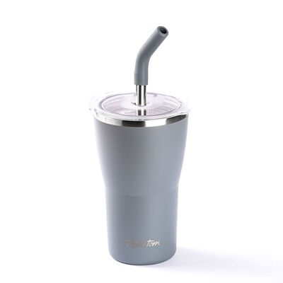 GRİ 2 KAPAKLI ÇİFT KATMANLI PİPETLİ TERMOS BARDAK 410ML - 1