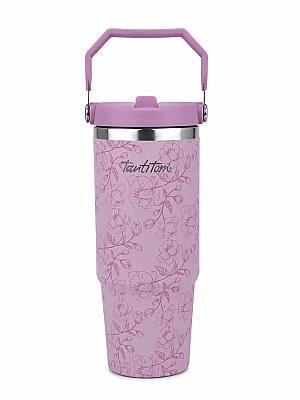 MOR DESENLİ PASLANMAZ ÇELİK TUTMALI PİPETLİ TERMOS BARDAK 900ML - 1