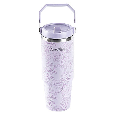 MOR DESENLİ PASLANMAZ ÇELİK TUTMALI PİPETLİ TERMOS BARDAK 900ML - 1