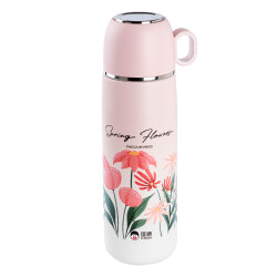 OKADI PEMBE DESENLİ BARDAKLI PASLANMAZ ÇELİK TERMOS 400ML - 1