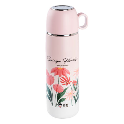 OKADI PEMBE DESENLİ BARDAKLI PASLANMAZ ÇELİK TERMOS 400ML - 1
