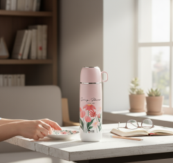 OKADI PEMBE DESENLİ BARDAKLI PASLANMAZ ÇELİK TERMOS 400ML - 2