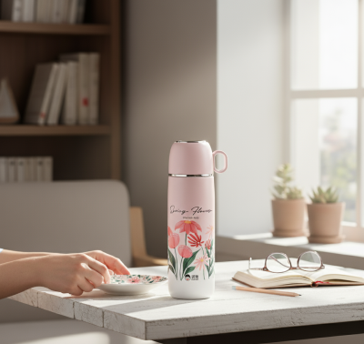OKADI PEMBE DESENLİ BARDAKLI PASLANMAZ ÇELİK TERMOS 400ML - 2