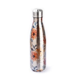 PEMBE ÇİÇEK DESENLİ GRİ PASLANMAZ ÇELİK ÇİFT KATMANLI SU ŞİŞESİ 500ML - JAR