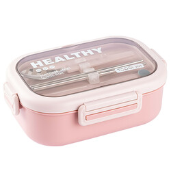 PEMBE PASLANMAZ ÇELİK DİKDÖRTGEN CHOPSTICK VE KAŞIKLI YEMEK TAŞIMA KABI 850ML - Tantitoni