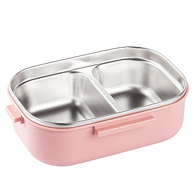 PEMBE PASLANMAZ ÇELİK DİKDÖRTGEN ÇATAL VE KAŞIKLI YEMEK TAŞIMA KABI 850ML - 2
