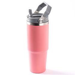 PEMBE PASLANMAZ ÇELİK TUTACAKLI TERMOS BARDAK 890ML - Tantitoni