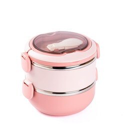 PEMBE PASLANMAZ ÇELİK YUVARLAK 2 KATLI ÇATAL VE KAŞIKLI YEMEK TAŞIMA KABI 850ML - TANTİTONİ