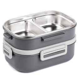 TANTİTONİ GRİ PASLANMAZ ÇELİK 2 KATLI ÇATAL VE KAŞIKLI YEMEK TAŞIMA KABI 1.65L - Tantitoni (1)