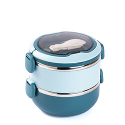 TANTİTONİ MAVİ PASLANMAZ ÇELİK YUVARLAK 2 KATLI ÇATAL VE KAŞIKLI YEMEK TAŞIMA KABI 850ML - Tantitoni