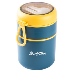 TANTİTONİ MAVİ PASLANMAZ ÇELİK YUVARLAK 2 KATLI PLASTİK KAŞIKLI YEMEK TAŞIMA KABI 710ML - Tantitoni