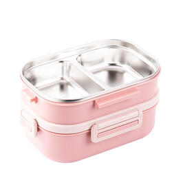TANTİTONİ PEMBE PASLANMAZ ÇELİK 2 KATLI ÇATAL VE KAŞIKLI YEMEK TAŞIMA KABI 1.65L - 2