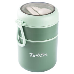 TANTİTONİ YEŞİL PASLANMAZ ÇELİK YUVARLAK 2 KATLI PLASTİK KAŞIKLI YEMEK TAŞIMA KABI 710ML - Tantitoni