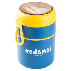 TEDEMEI MAVİ PASLANMAZ ÇELİK YUVARLAK 2 KATLI PEMBE-YEŞİL PLASTİK KAŞIKLI YEMEK TAŞIMA KABI 710ML - Tantitoni