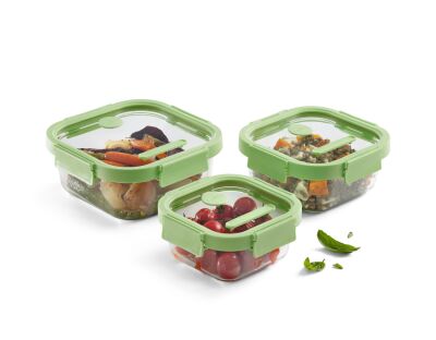 YEŞİL 3 PARÇA CAM SIZDIRMAZ KAPAKLI KARE SAKLAMA KABI SETİ - 5