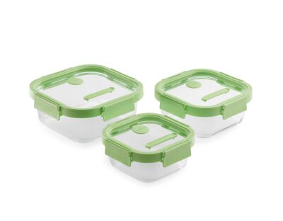 YEŞİL 3 PARÇA CAM SIZDIRMAZ KAPAKLI KARE SAKLAMA KABI SETİ - 1