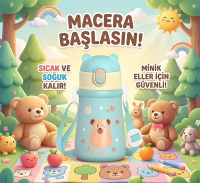 YEŞİL ASKILI PASLANMAZ ÇELİK ÇOCUK TERMOSU 480ML - 4