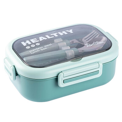 YEŞİL PASLANMAZ ÇELİK DİKDÖRTGEN ÇATAL VE KAŞIKLI YEMEK TAŞIMA KABI 850ML - 1